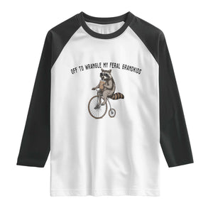 Off To Wranglin My Feral Grandkids Raglan Shirt Funny Raccoon Grandpa Father's Day Gift TS14 White Black Print Your Wear