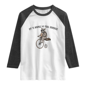Off To Wranglin My Feral Grandkids Raglan Shirt Funny Raccoon Grandpa Father's Day Gift TS14 White Heather Charcoal Print Your Wear