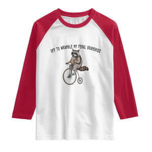 Off To Wranglin My Feral Grandkids Raglan Shirt Funny Raccoon Grandpa Father's Day Gift TS14 White Red Print Your Wear