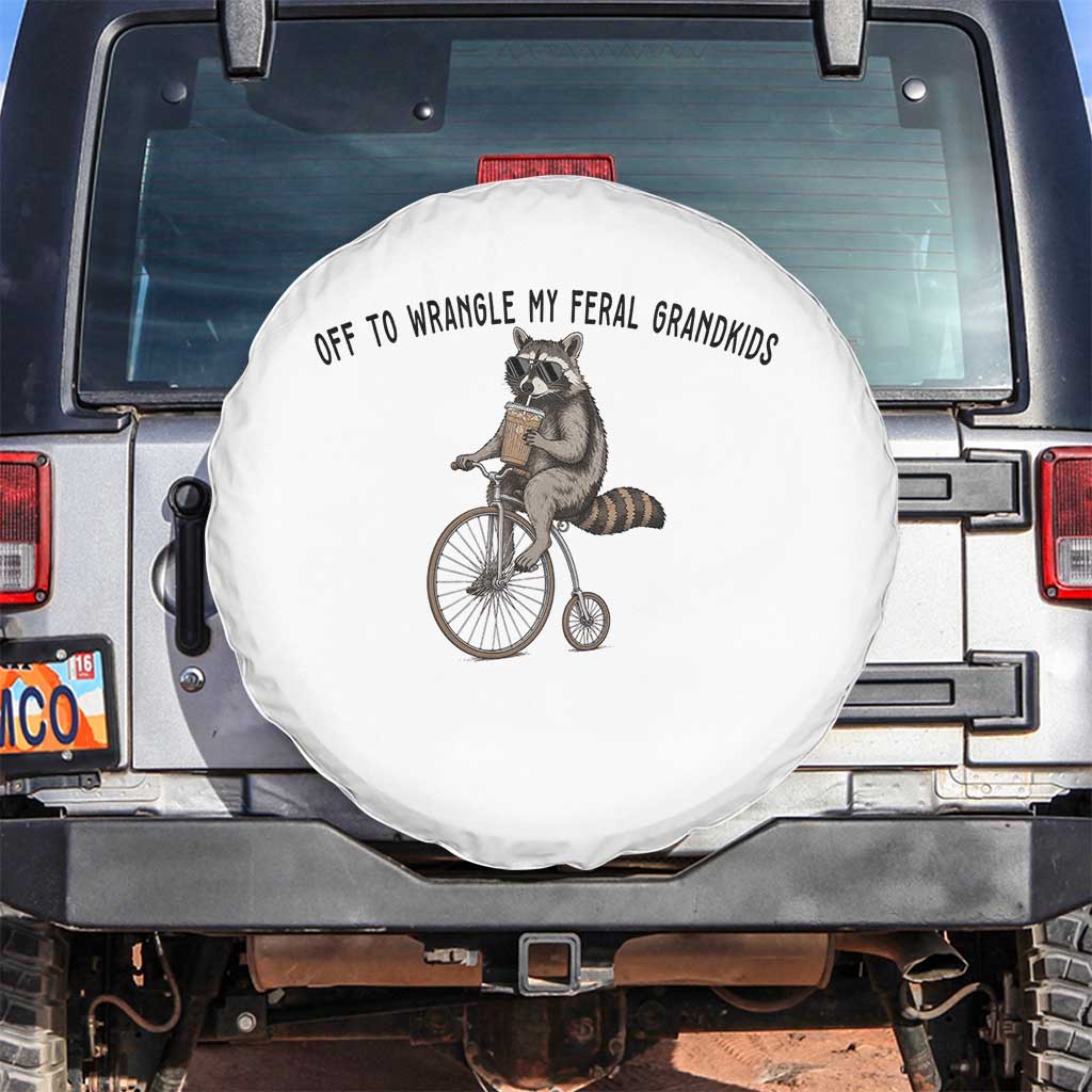Off To Wranglin My Feral Grandkids Spare Tire Cover Funny Raccoon Grandpa Father's Day Gift
