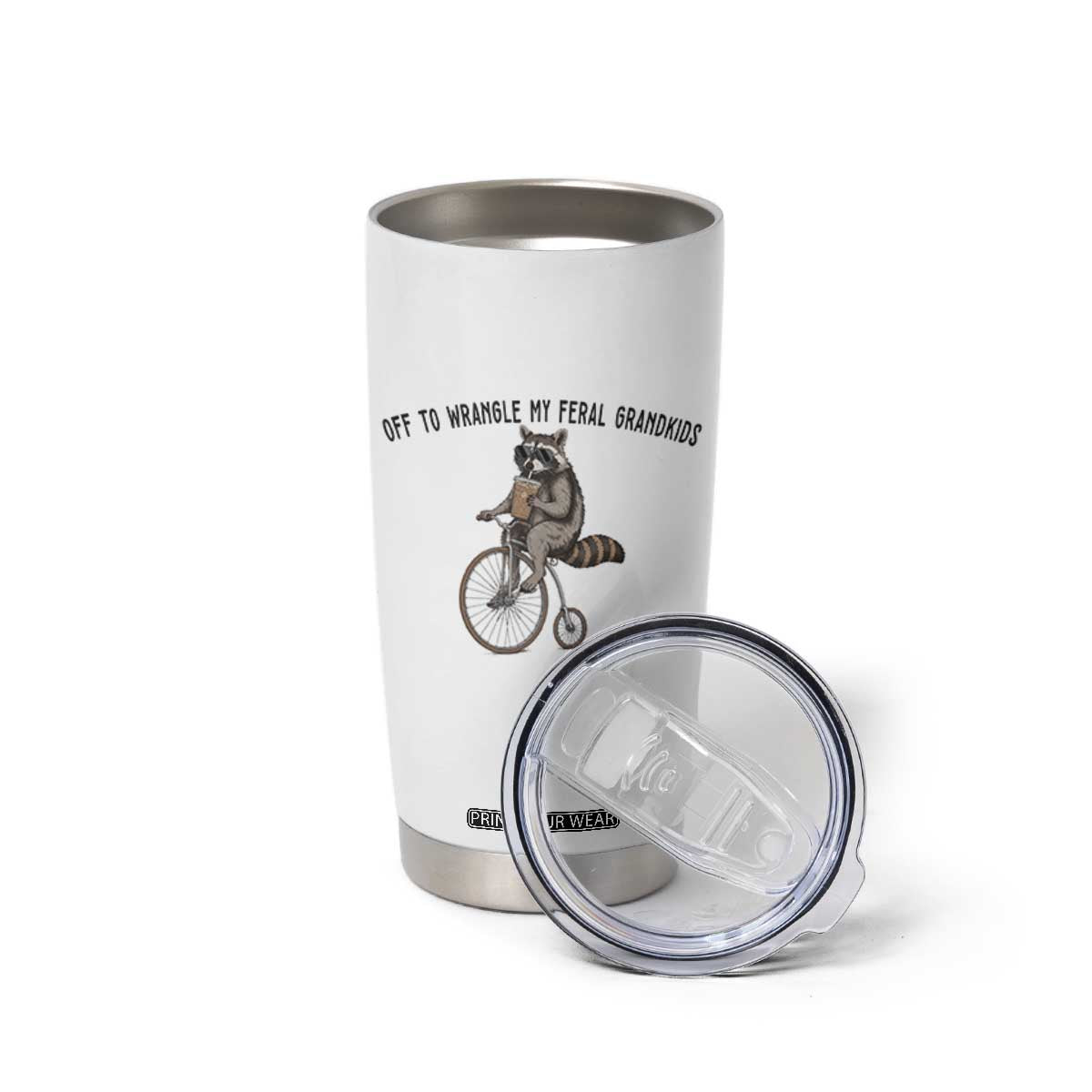 Off To Wranglin My Feral Grandkids Tumbler Cup Funny Raccoon Grandpa Father's Day Gift