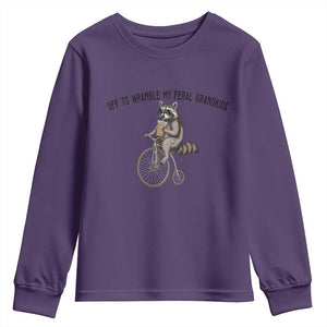 Off To Wranglin My Feral Grandkids Youth Sweatshirt Funny Raccoon Grandpa Father's Day Gift TS14 Purple Print Your Wear