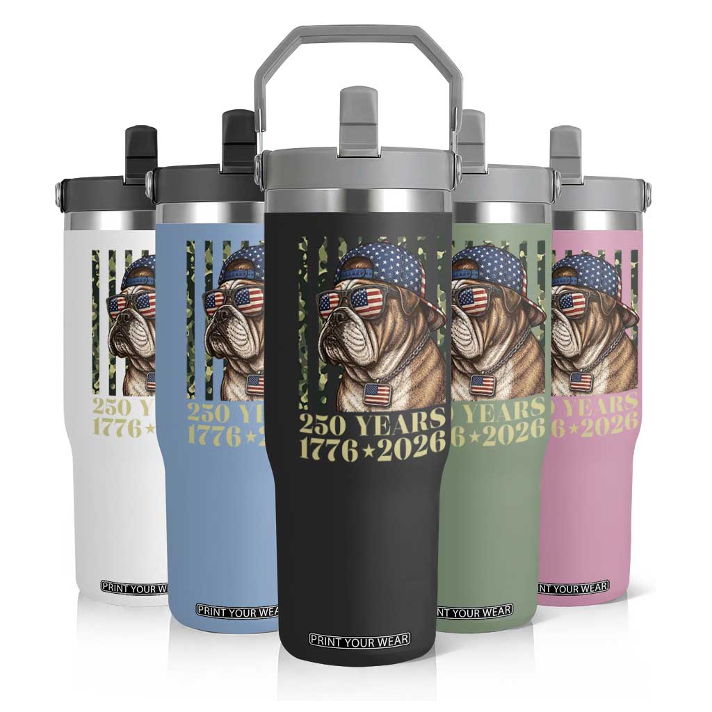 250 Years America Anniversary Flip Straw Tumbler Military Bulldog American Flag Camo