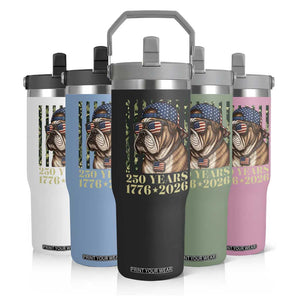 250 Years America Anniversary Flip Straw Tumbler Military Bulldog American Flag Camo