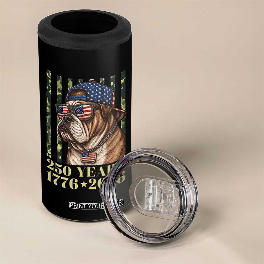 250 Years America Anniversary 4 in 1 Can Cooler Tumbler Military Bulldog American Flag Camo