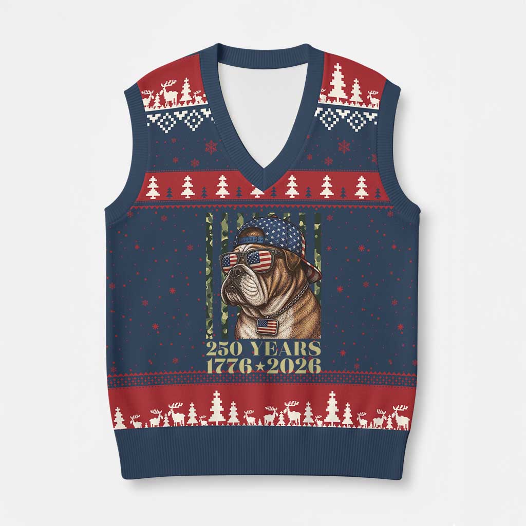 250 Years America Anniversary V-Neck Knit Sweater Vest Military Bulldog American Flag Camo