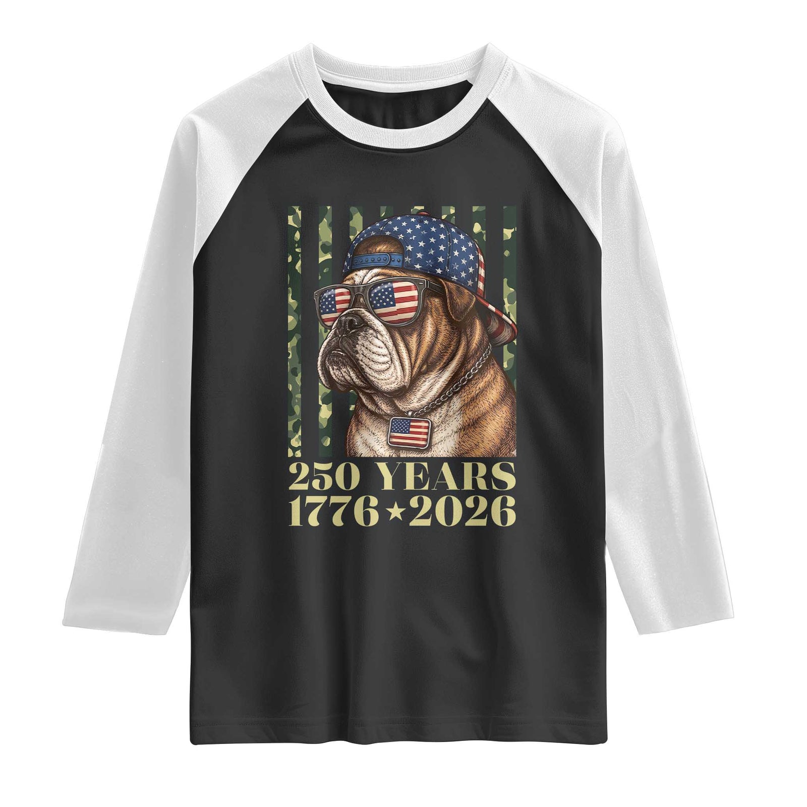 250 Years America Anniversary Raglan Shirt Military Bulldog American Flag Camo TS14 Black White Print Your Wear
