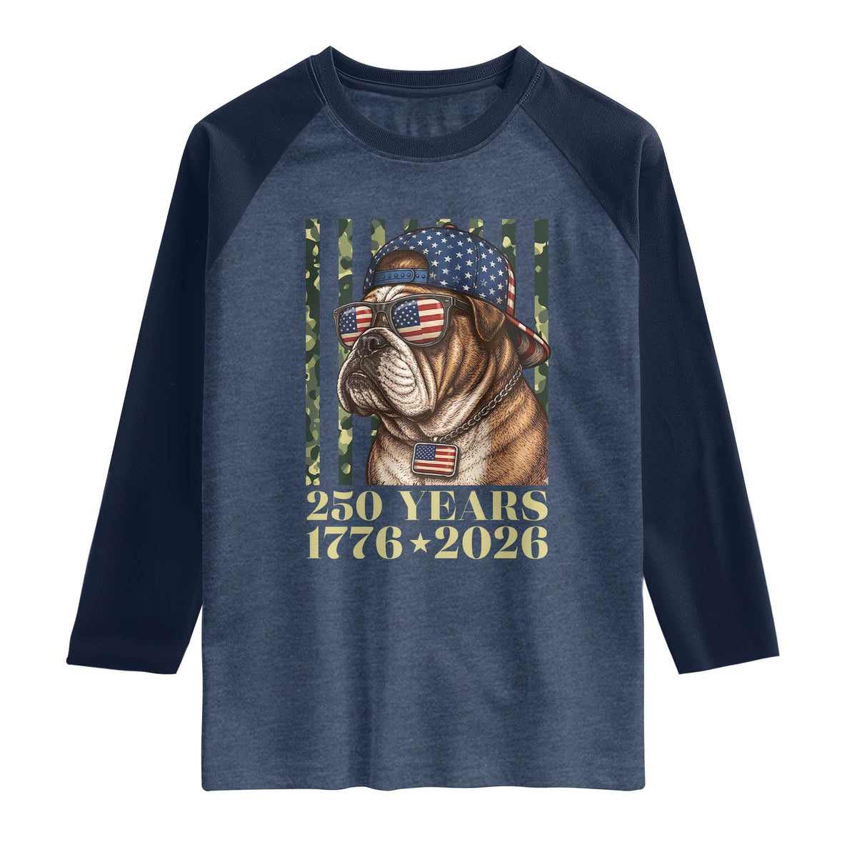 250 Years America Anniversary Raglan Shirt Military Bulldog American Flag Camo