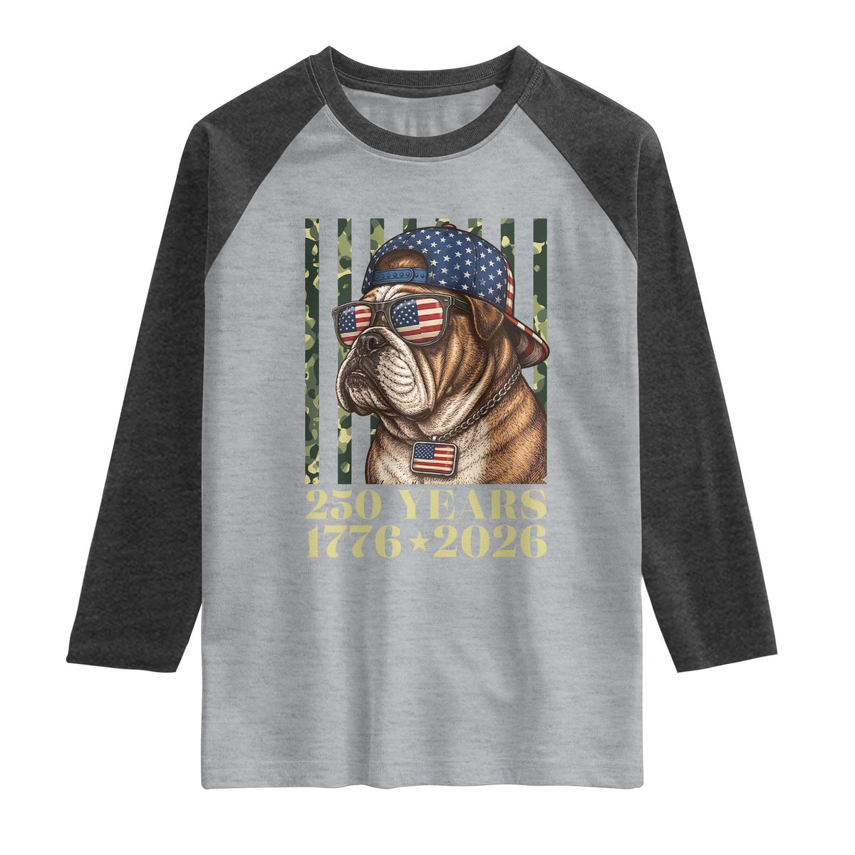 250 Years America Anniversary Raglan Shirt Military Bulldog American Flag Camo