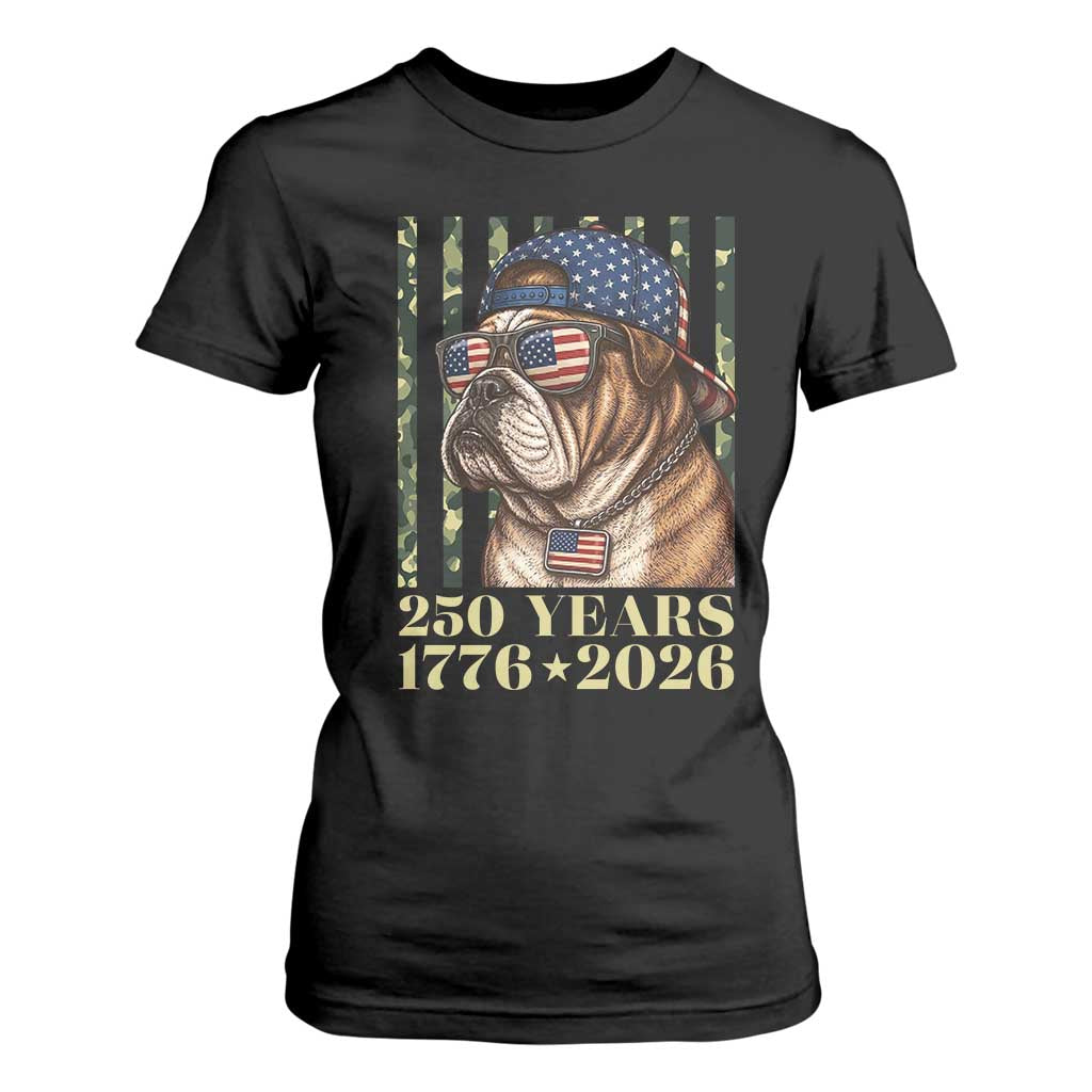 250 Years America Anniversary T Shirt For Women Military Bulldog American Flag Camo