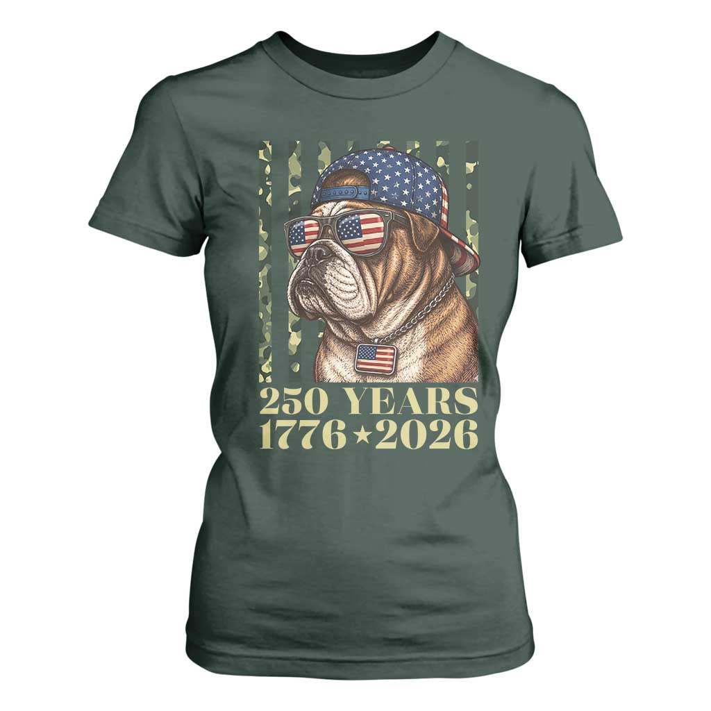 250 Years America Anniversary T Shirt For Women Military Bulldog American Flag Camo