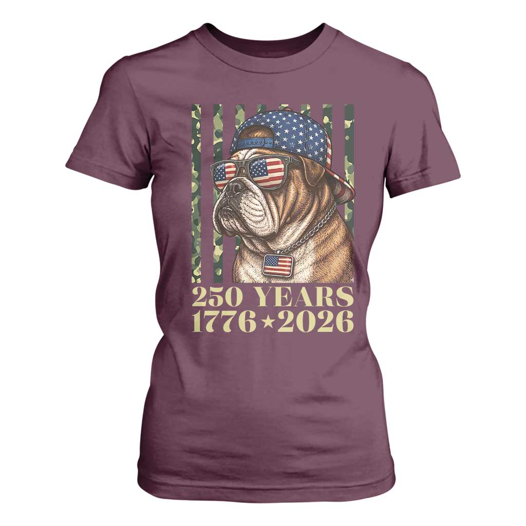 250 Years America Anniversary T Shirt For Women Military Bulldog American Flag Camo