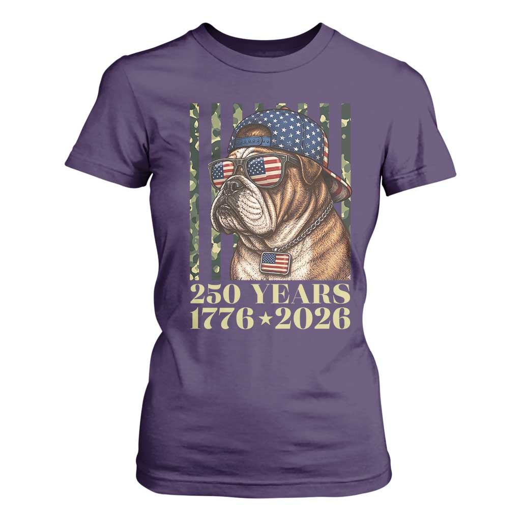 250 Years America Anniversary T Shirt For Women Military Bulldog American Flag Camo