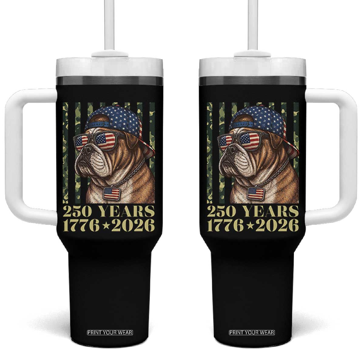 250 Years America Anniversary Tumbler With Handle Military Bulldog American Flag Camo TS14 One Size: 40 oz Black Print Your Wear