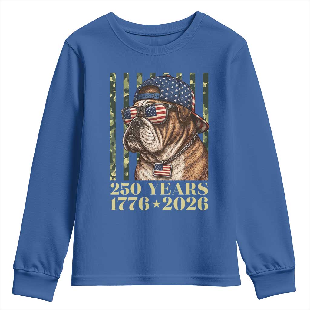 250 Years America Anniversary Youth Sweatshirt Military Bulldog American Flag Camo