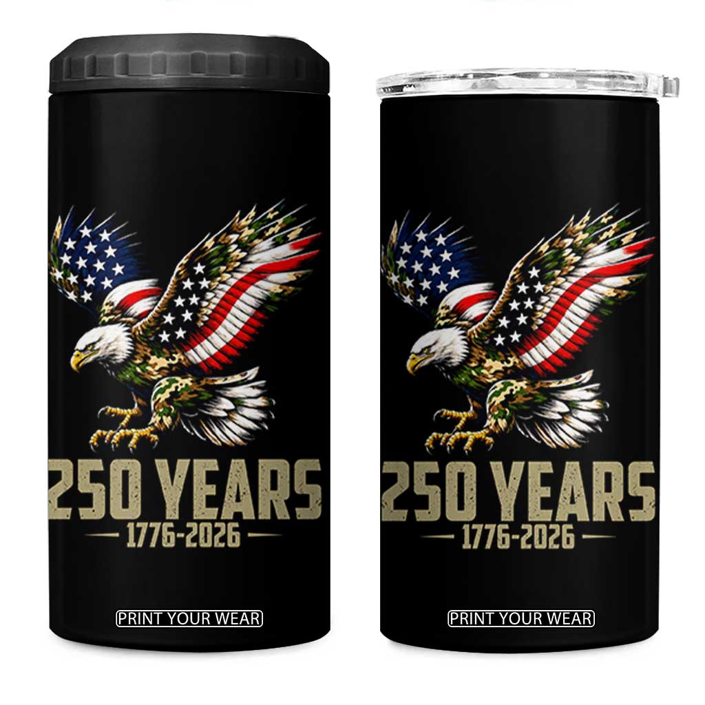 250 Years America Anniversary 4 in 1 Can Cooler Tumbler Military Eagle American Flag Camo