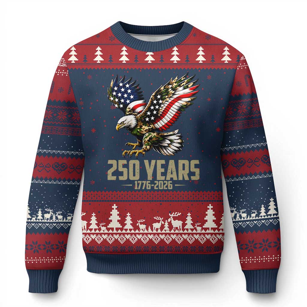 250 Years America Anniversary Ugly Christmas Sweater Military Eagle American Flag Camo