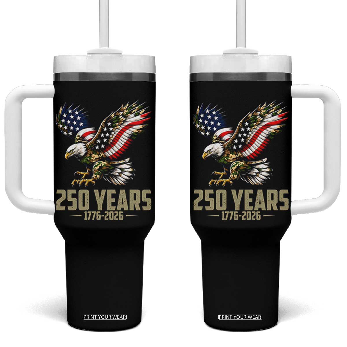 250 Years America Anniversary Tumbler With Handle Military Eagle American Flag Camo