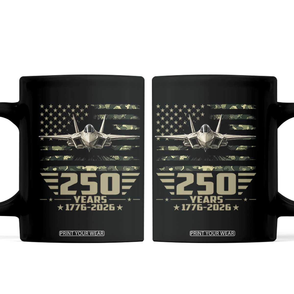 250 Years Anniversary Coffee Mug Patriotic Jet Fighter US Flag Camo