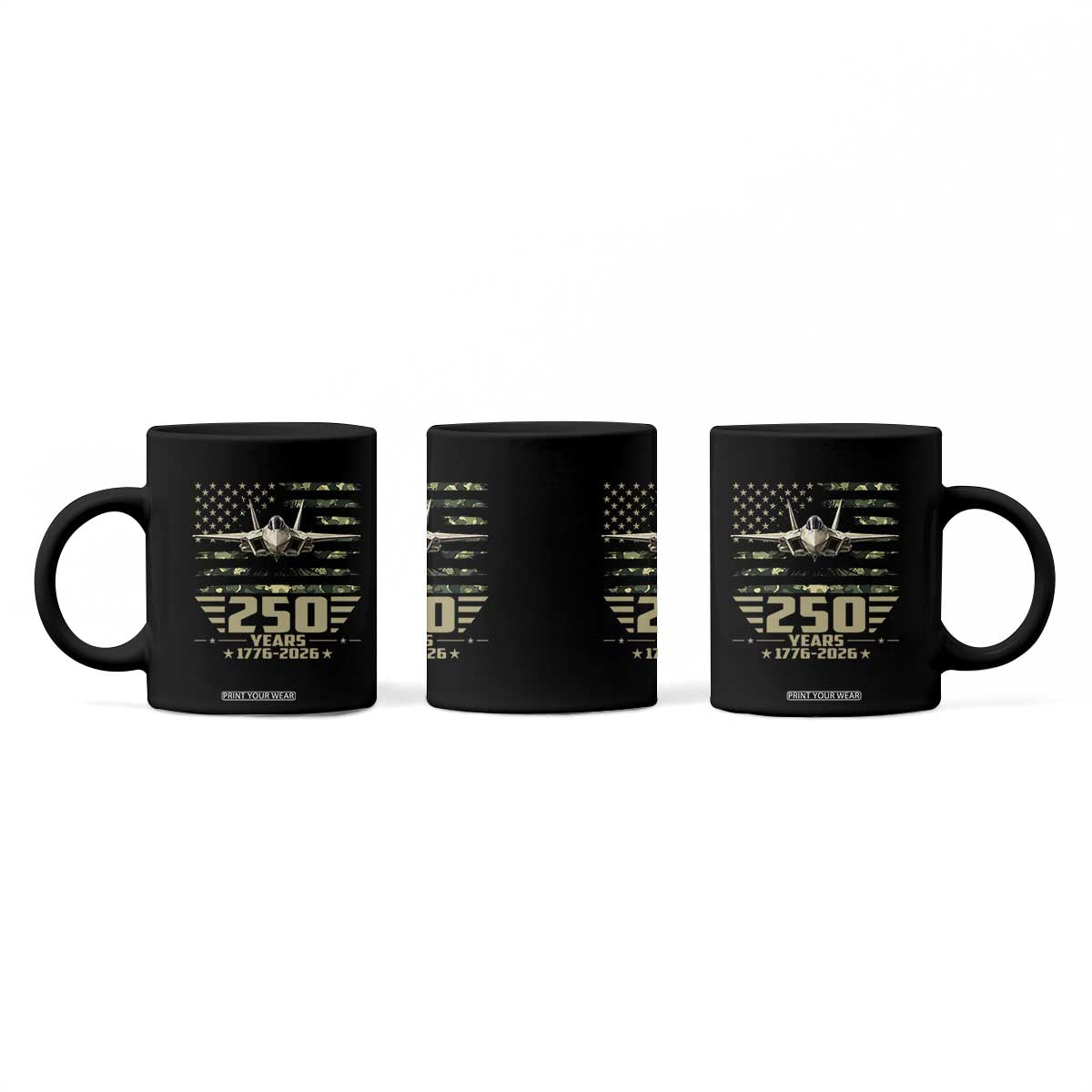 250 Years Anniversary Coffee Mug Patriotic Jet Fighter US Flag Camo