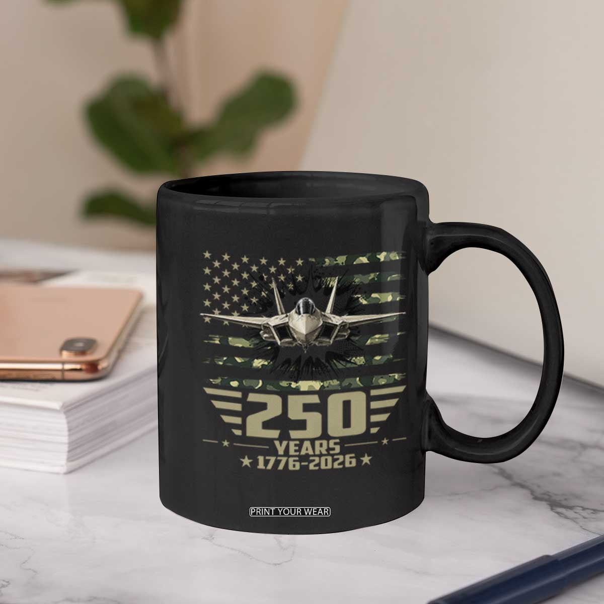 250 Years Anniversary Coffee Mug Patriotic Jet Fighter US Flag Camo