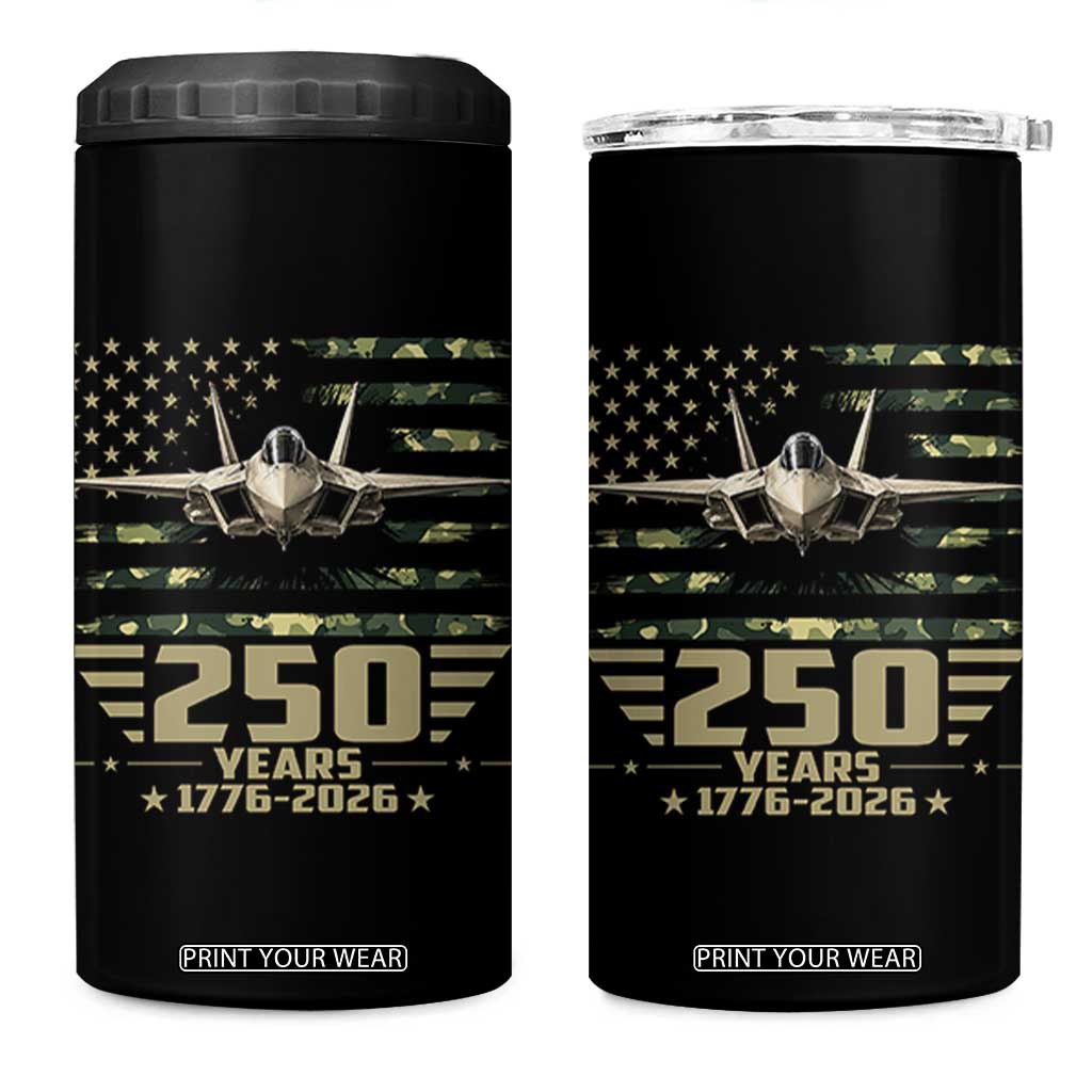 250 Years Anniversary 4 in 1 Can Cooler Tumbler Patriotic Jet Fighter US Flag Camo