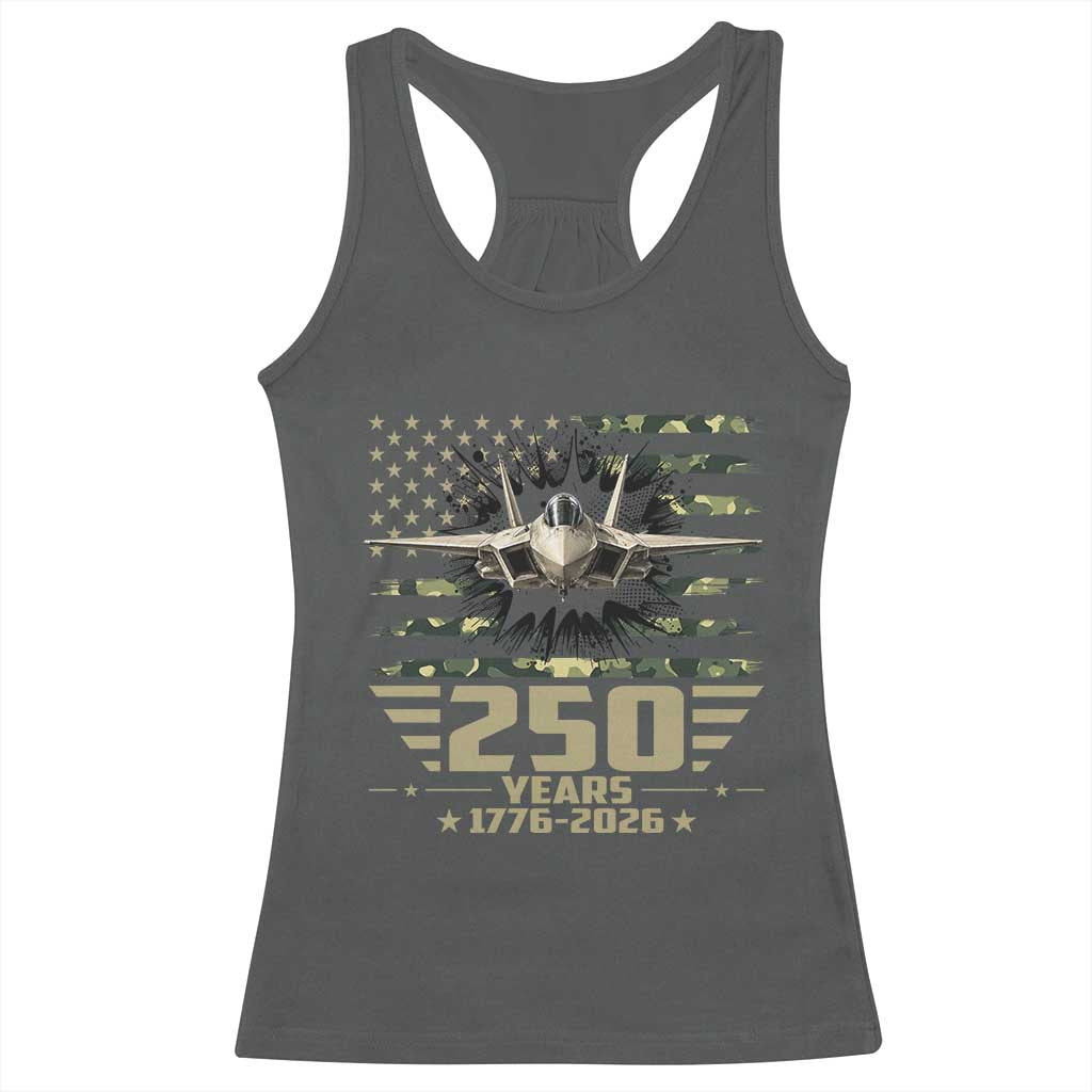 250 Years Anniversary Racerback Tank Top Patriotic Jet Fighter US Flag Camo