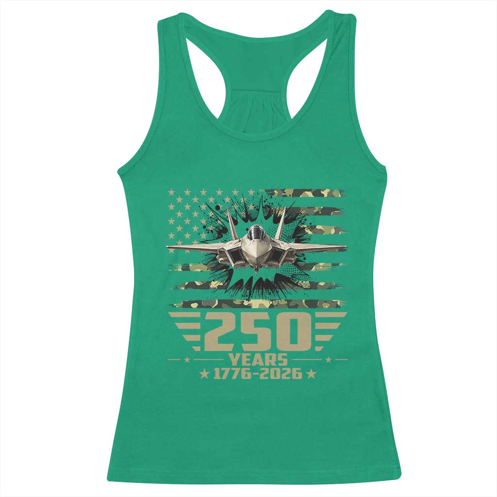 250 Years Anniversary Racerback Tank Top Patriotic Jet Fighter US Flag Camo
