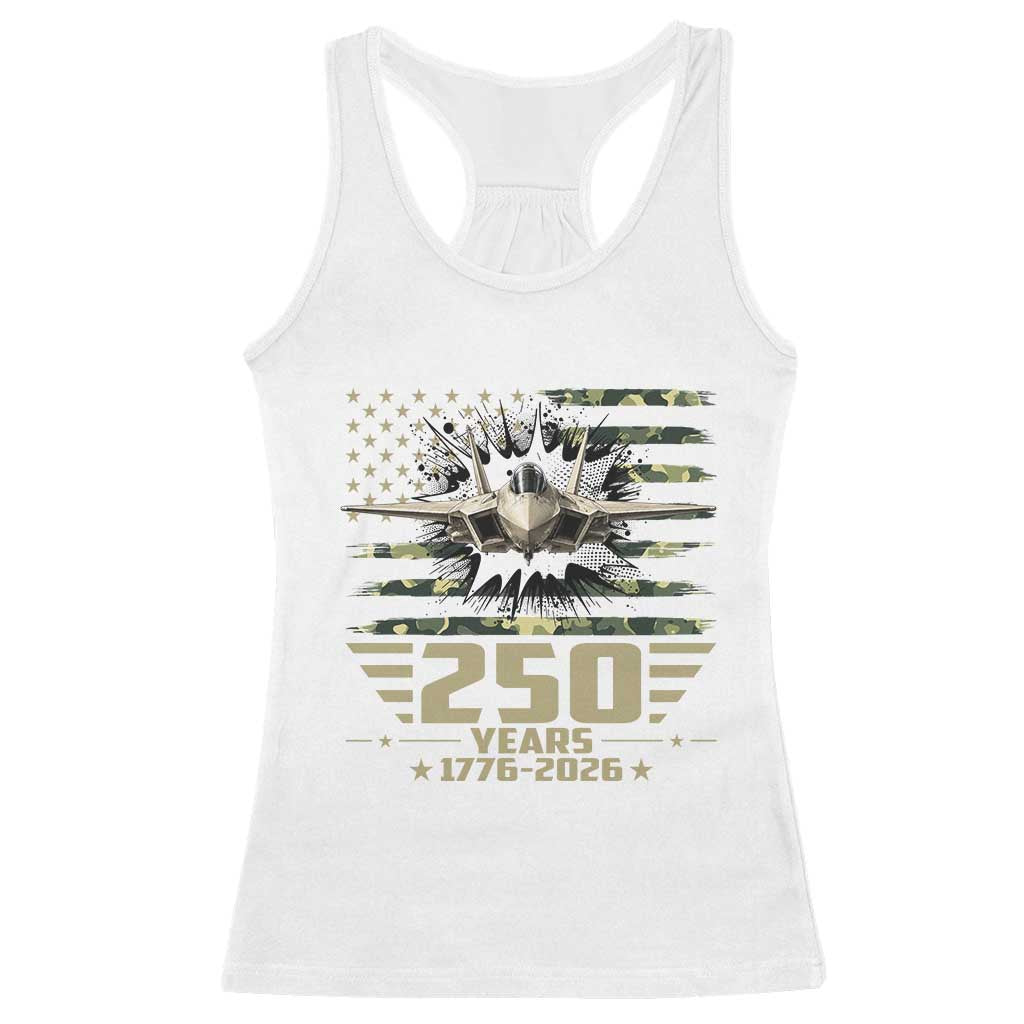 250 Years Anniversary Racerback Tank Top Patriotic Jet Fighter US Flag Camo