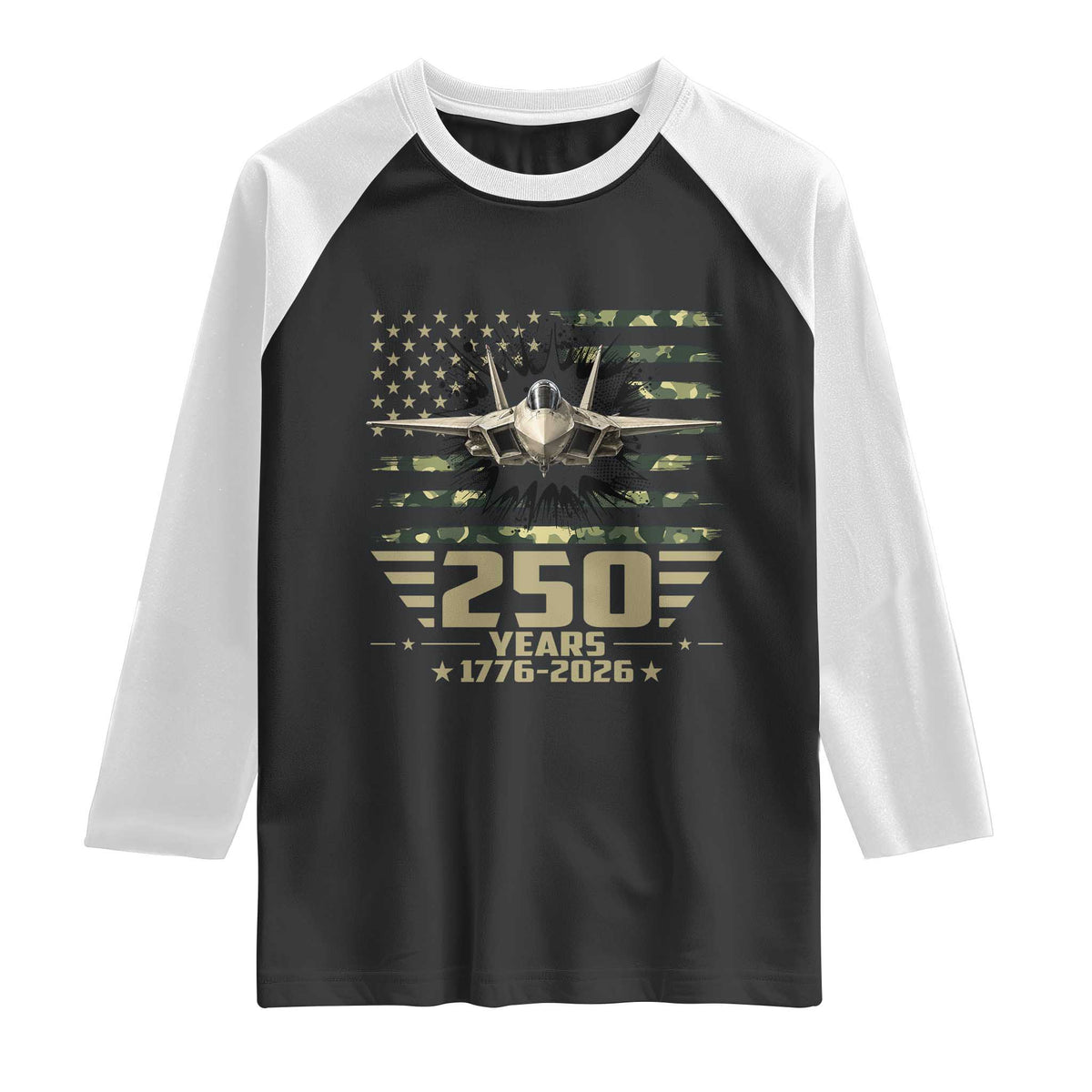 250 Years Anniversary Raglan Shirt Patriotic Jet Fighter US Flag Camo