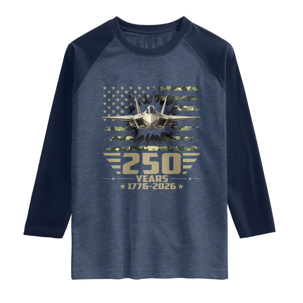 250 Years Anniversary Raglan Shirt Patriotic Jet Fighter US Flag Camo