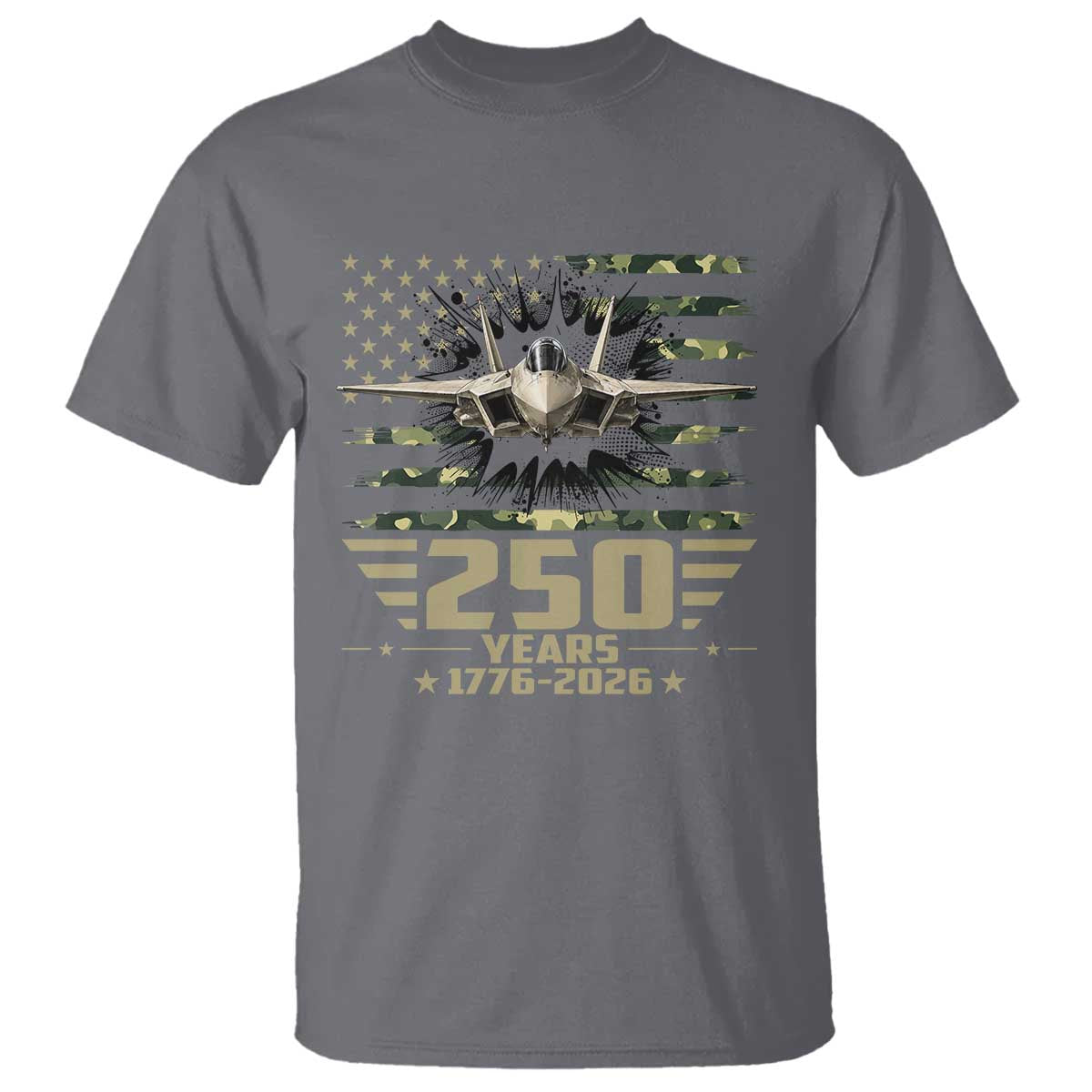 250 Years Anniversary T Shirt Patriotic Jet Fighter US Flag Camo