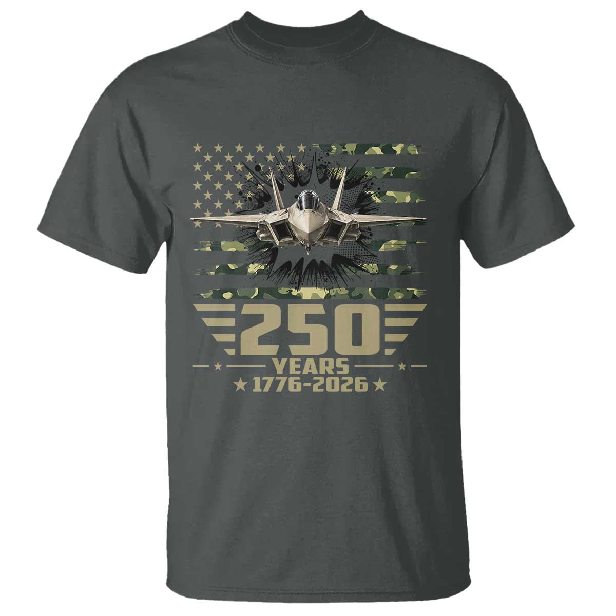 250 Years Anniversary T Shirt Patriotic Jet Fighter US Flag Camo