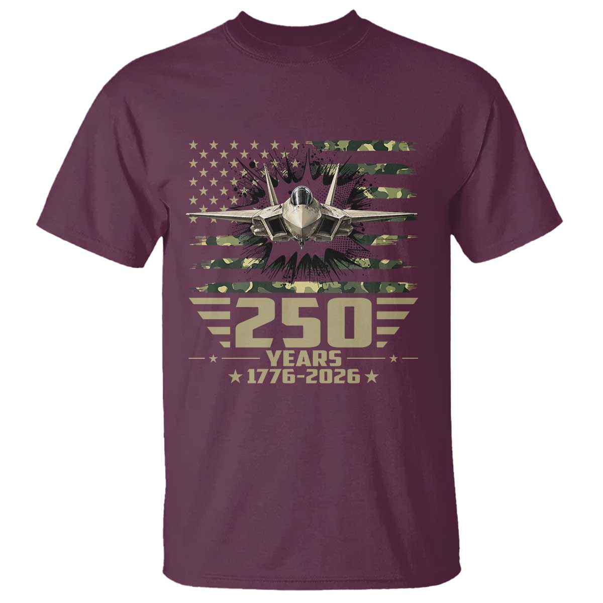 250 Years Anniversary T Shirt Patriotic Jet Fighter US Flag Camo