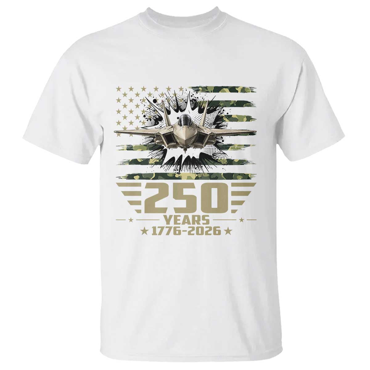 250 Years Anniversary T Shirt Patriotic Jet Fighter US Flag Camo