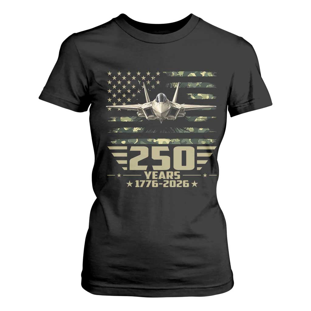 250 Years Anniversary T Shirt For Women Patriotic Jet Fighter US Flag Camo TS14 Black Print Your Wear