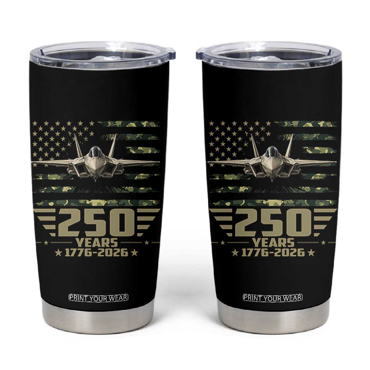 250 Years Anniversary Tumbler Cup Patriotic Jet Fighter US Flag Camo