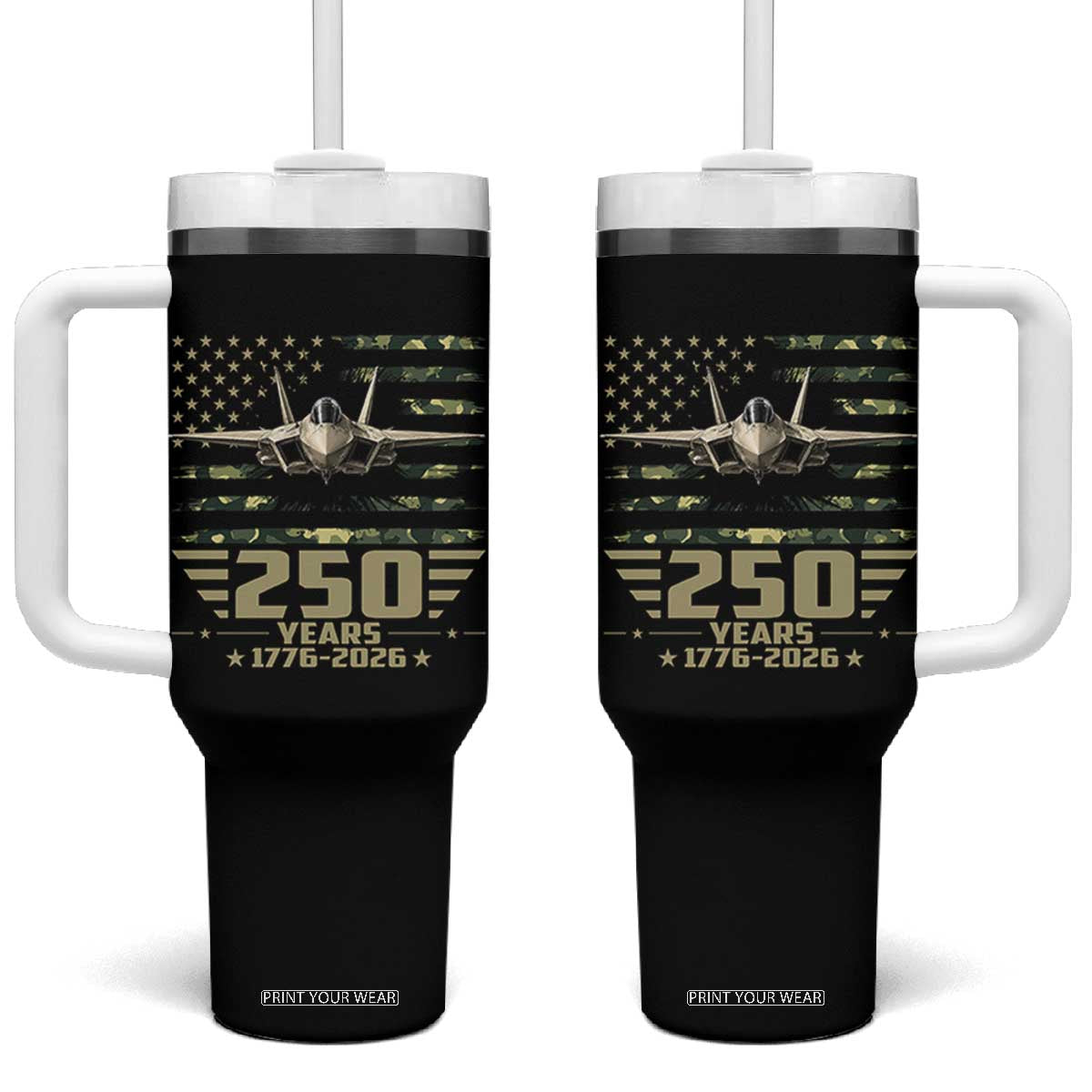 250 Years Anniversary Tumbler With Handle Patriotic Jet Fighter US Flag Camo