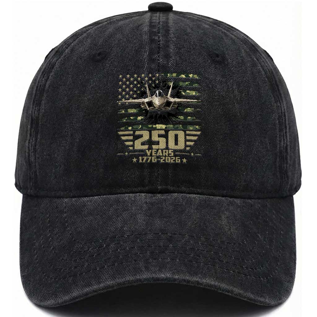 250 Years Anniversary Washed Cotton Baseball Cap Patriotic Jet Fighter US Flag Camo
