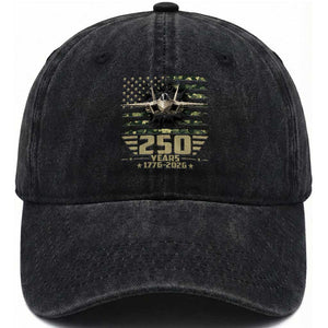 250 Years Anniversary Washed Cotton Baseball Cap Patriotic Jet Fighter US Flag Camo