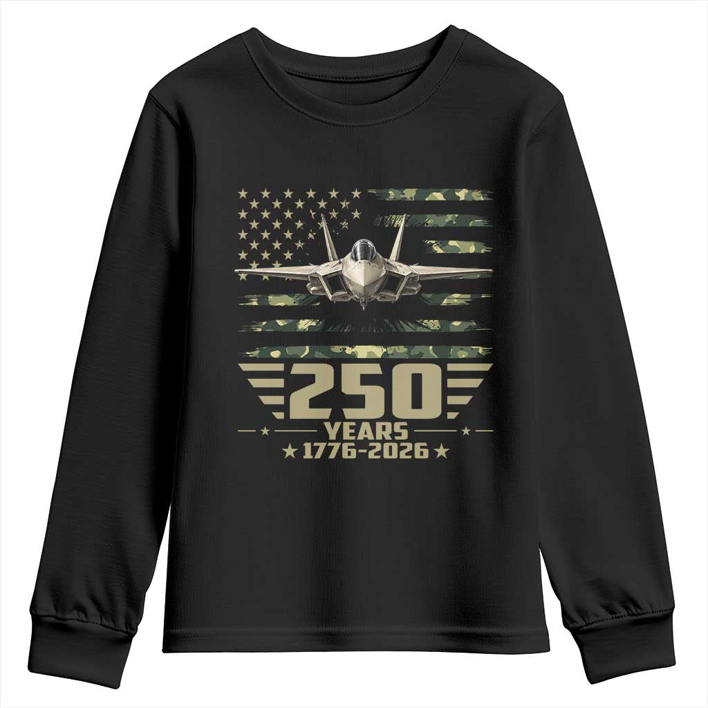 250 Years Anniversary Youth Sweatshirt Patriotic Jet Fighter US Flag Camo