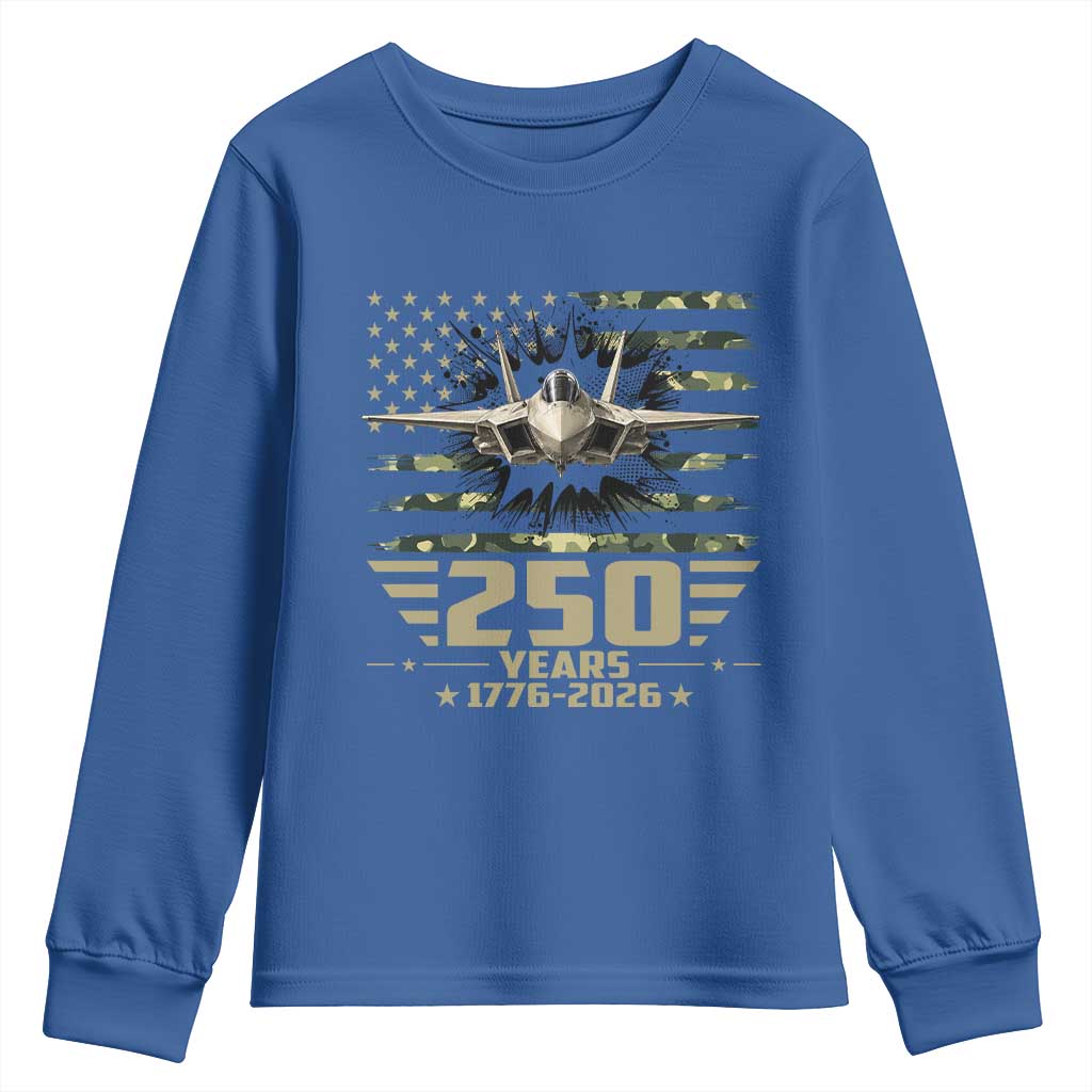 250 Years Anniversary Youth Sweatshirt Patriotic Jet Fighter US Flag Camo
