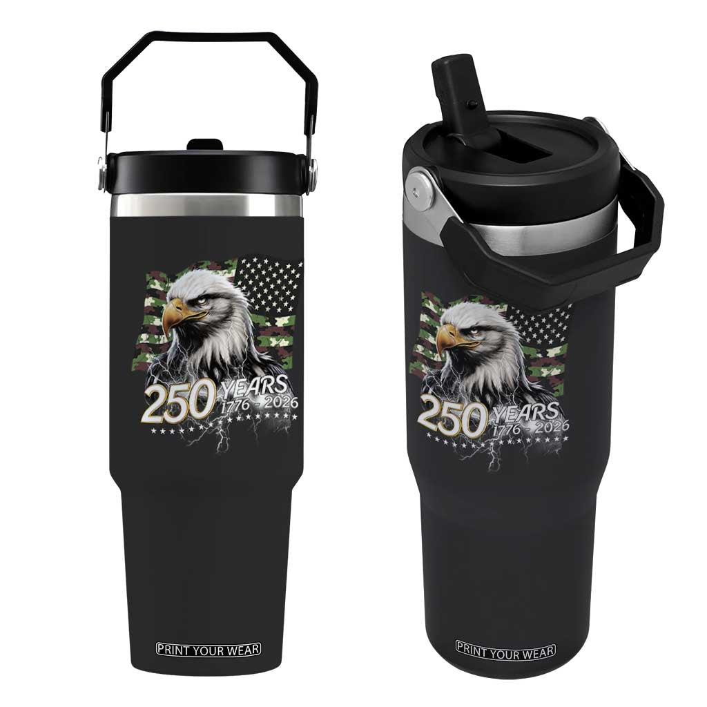 250 Years America Anniversary Flip Straw Tumbler Patriotic Bald Eagle Military Tactical American Flag Camo
