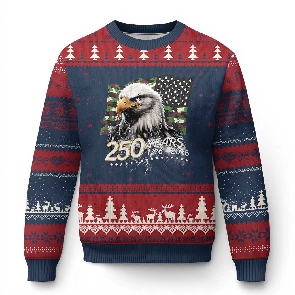 250 Years America Anniversary Ugly Christmas Sweater Patriotic Bald Eagle Military Tactical American Flag Camo