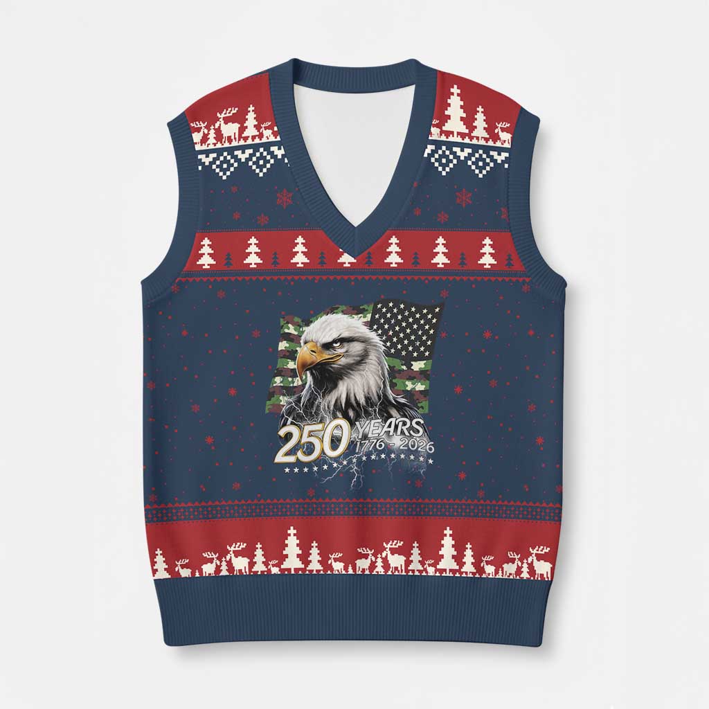 250 Years America Anniversary V-Neck Knit Sweater Vest Patriotic Bald Eagle Military Tactical American Flag Camo TS14 Navy Red Print Your Wear