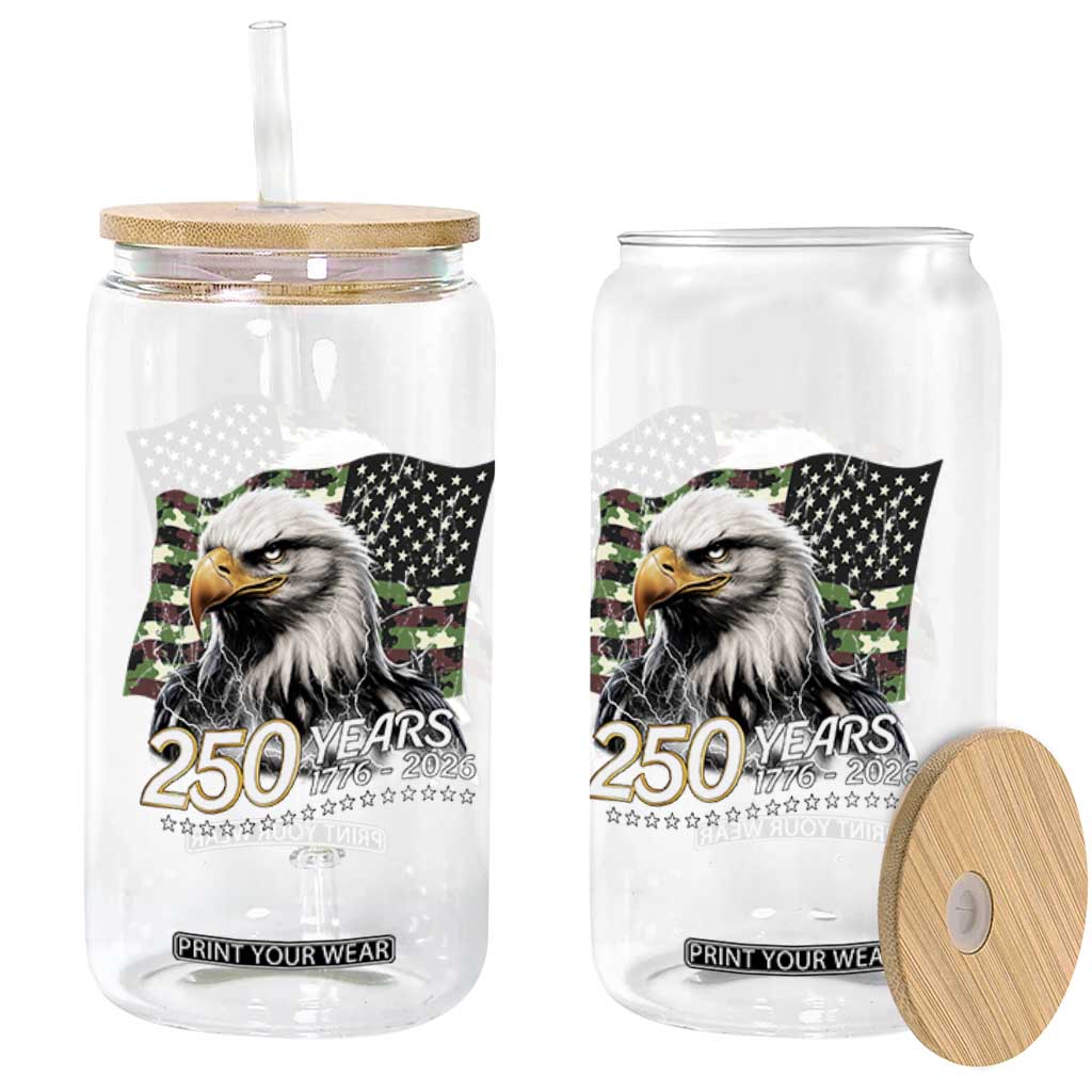 250 Years America Anniversary Glass Can Patriotic Bald Eagle Military Tactical American Flag Camo