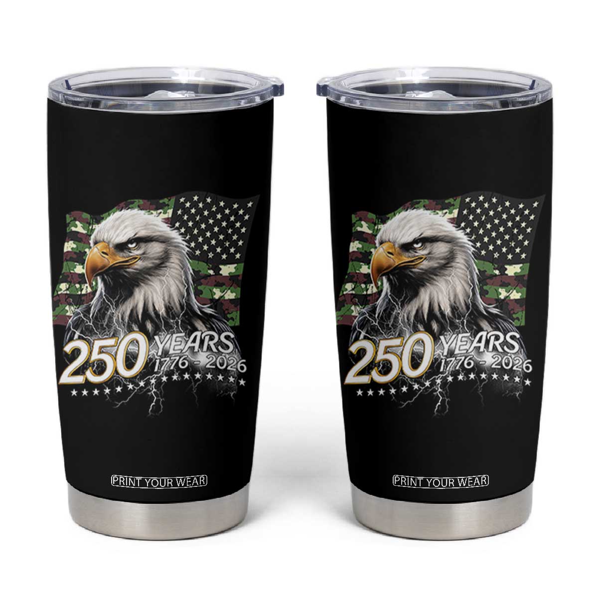 250 Years America Anniversary Tumbler Cup Patriotic Bald Eagle Military Tactical American Flag Camo