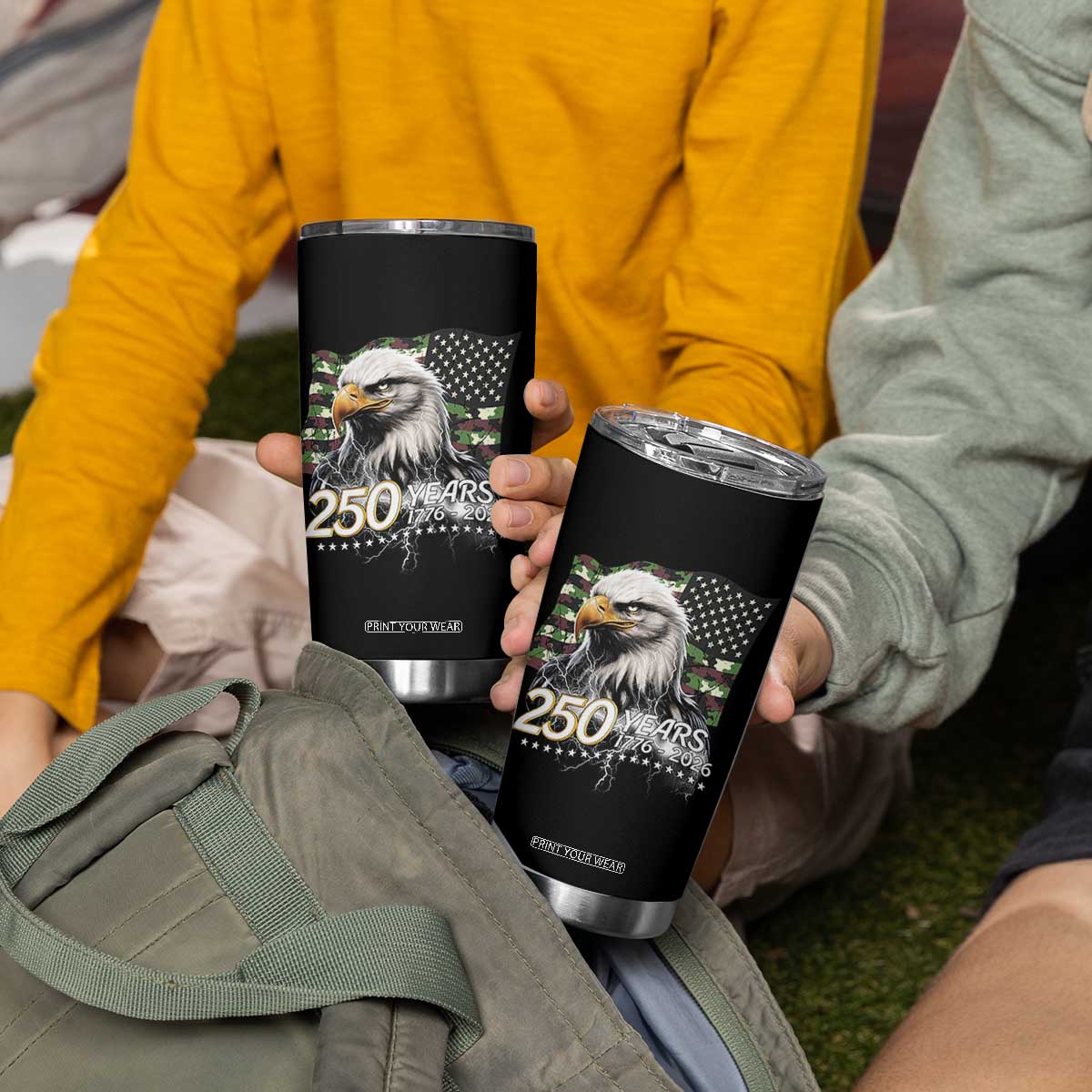 250 Years America Anniversary Tumbler Cup Patriotic Bald Eagle Military Tactical American Flag Camo