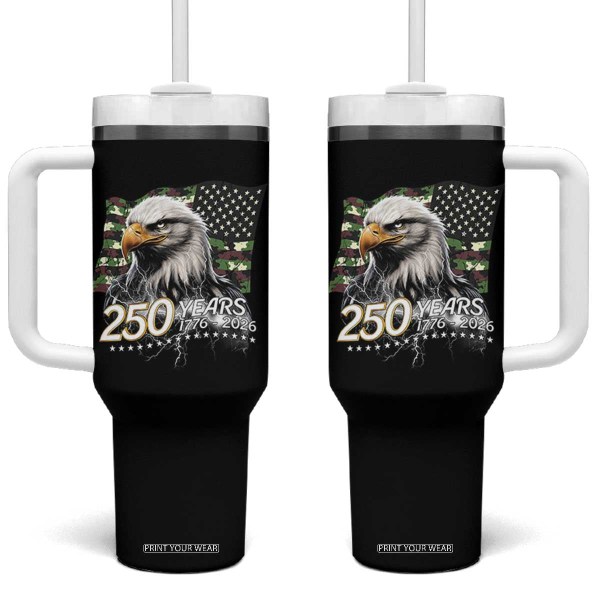 250 Years America Anniversary Tumbler With Handle Patriotic Bald Eagle Military Tactical American Flag Camo