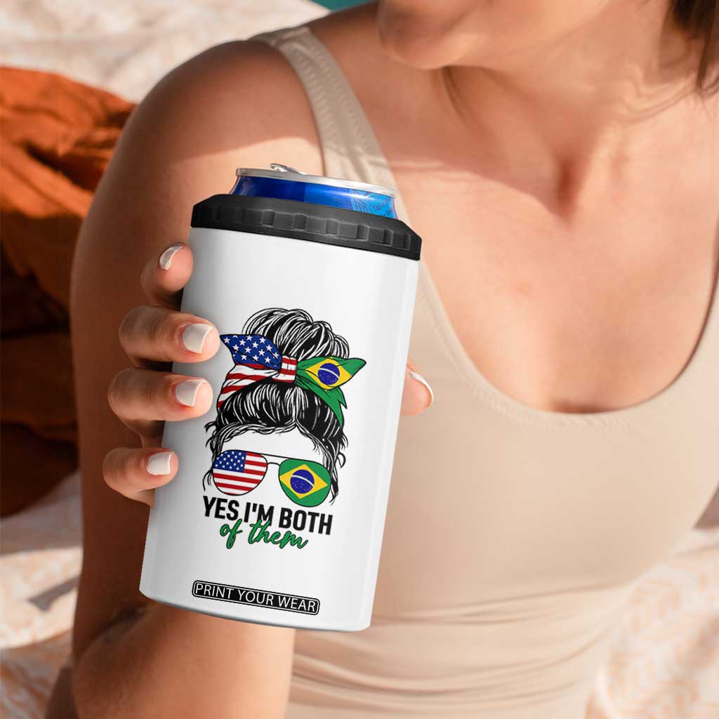 Half American And Brazilian America Brazil Brasil Flag Girl 4 in 1 Can Cooler Tumbler Yes I'm Both of Them